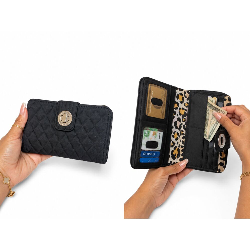Vera Bradley Classic Black Quilted Microfiber RFID Turnlock Zip Wallet Clutch